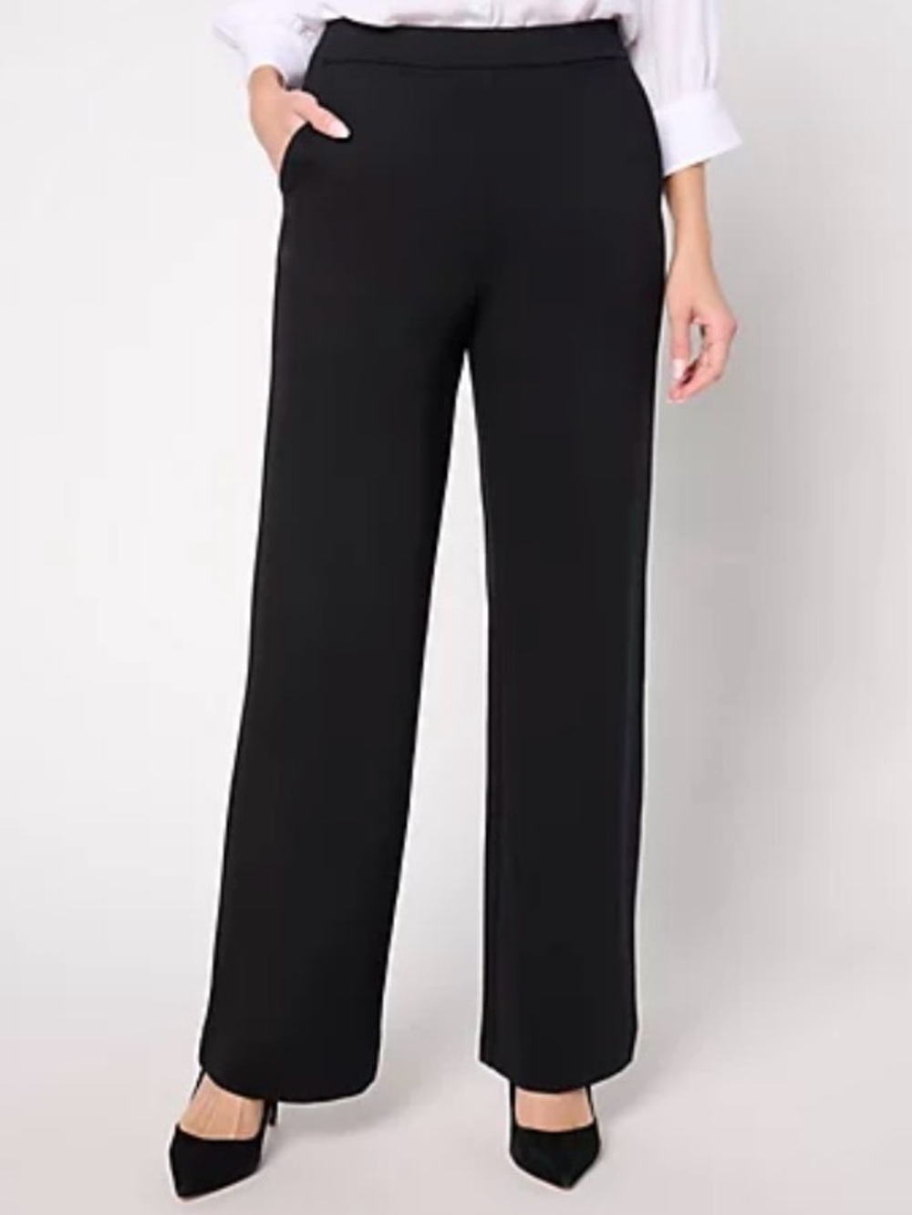 New Joan Rivers Black Ponte Knit Wide Leg Pull on Trouser Pants / 1X Petite